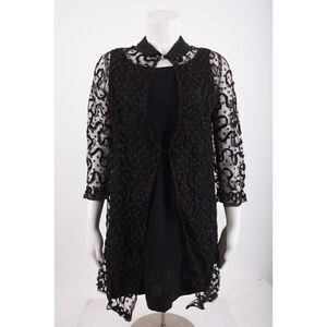 Vintage Toni Lynn Womans Dress Lace Ribbon Over Shirt Black Maroon Dots Mini